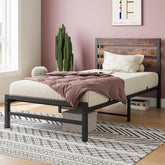 Twin Platform Bed Frame, Rustic Wood Headboard, Brown